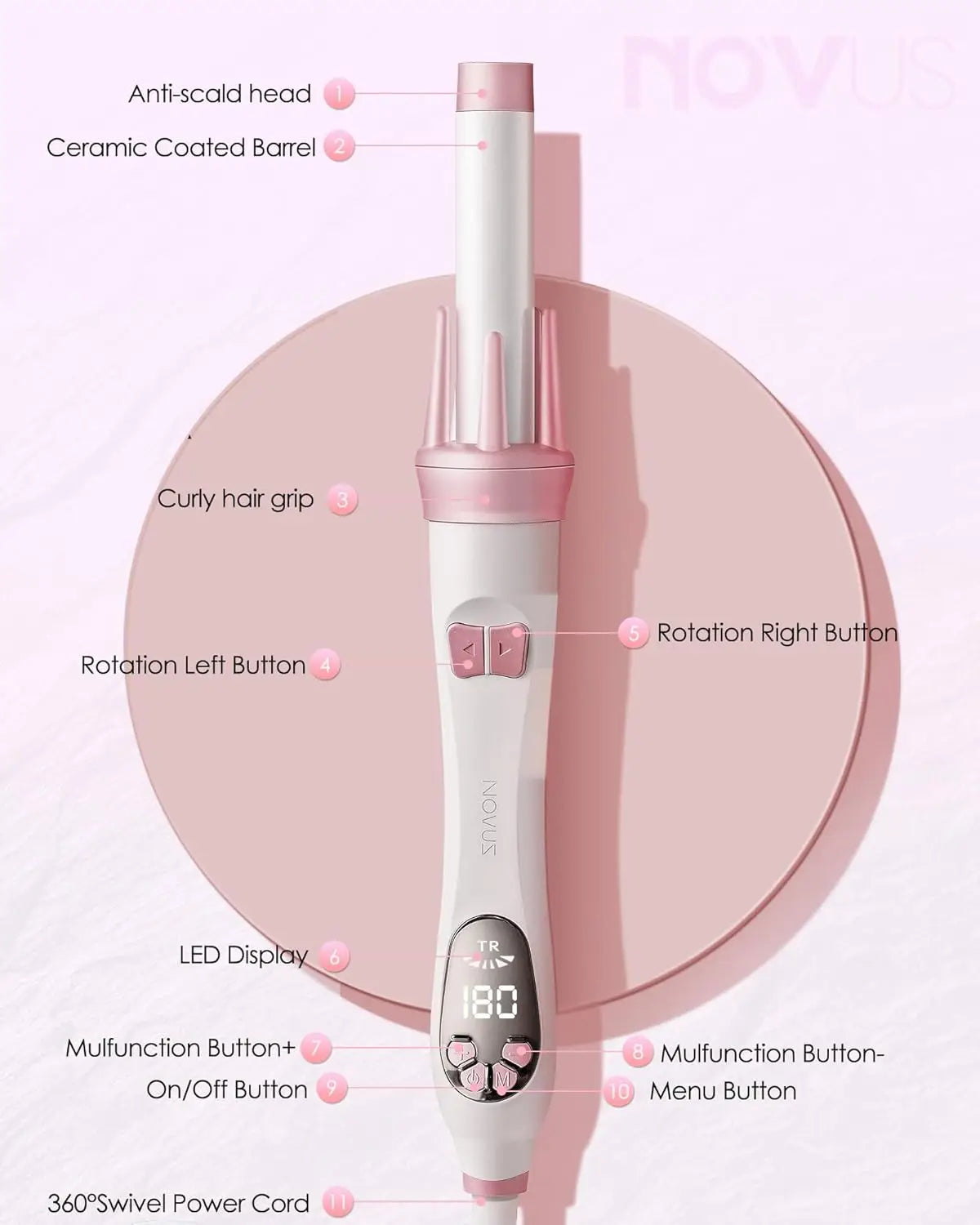 NOVUS Automatic Curling Iron With Rotating Barrel And Dual Voltage