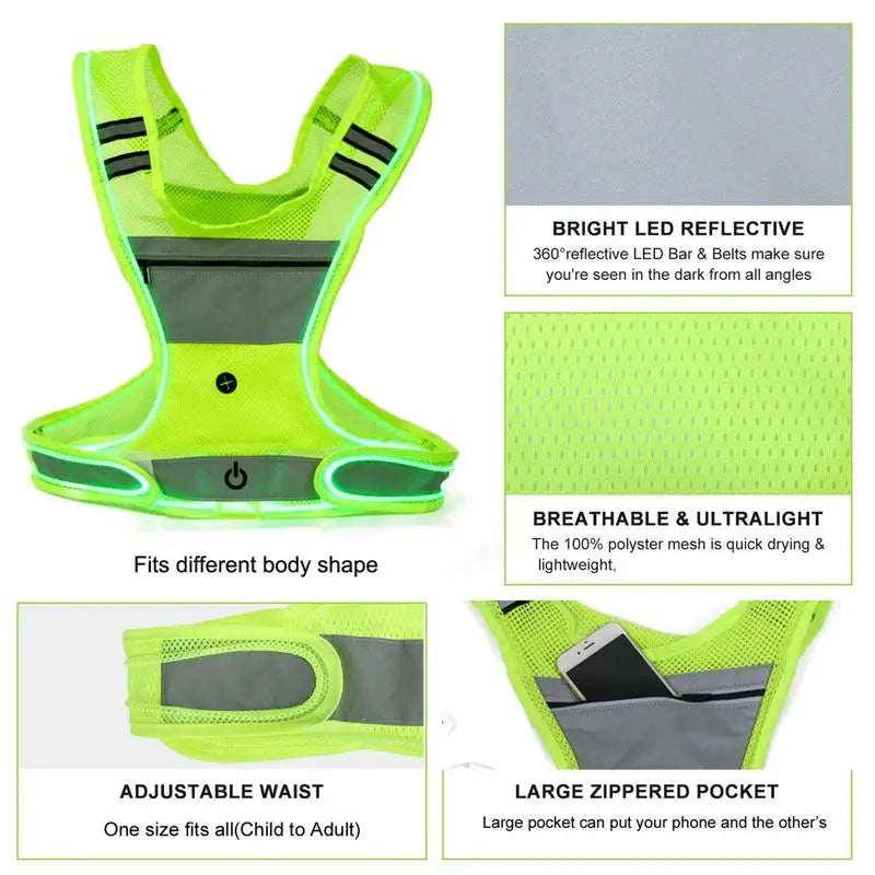 LED Reflective Running Vest 360 Degree Visibility USB Rechargeable Light