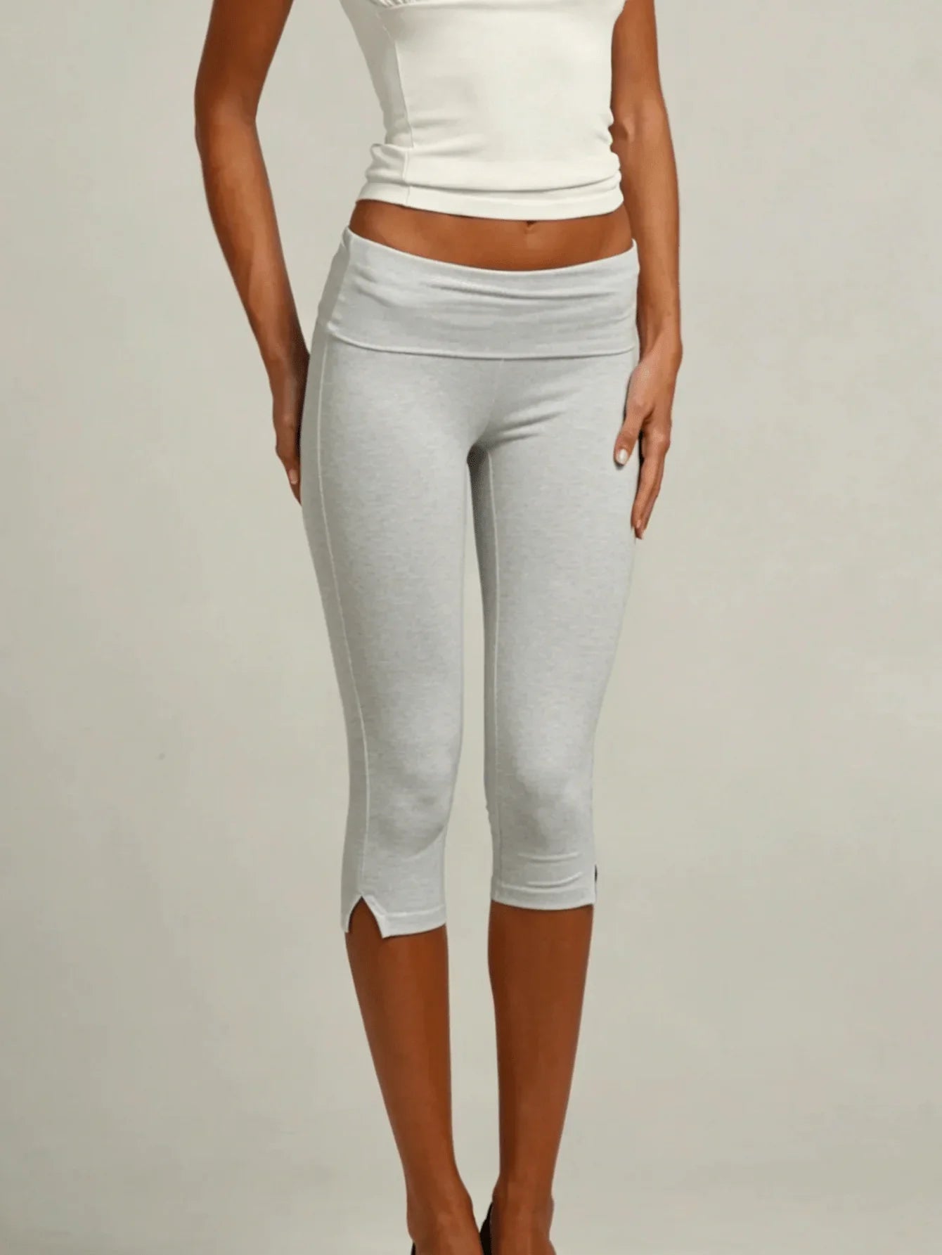 Women's Capri Leggings With Fold Over Waistband And Split Hem Buttery Soft