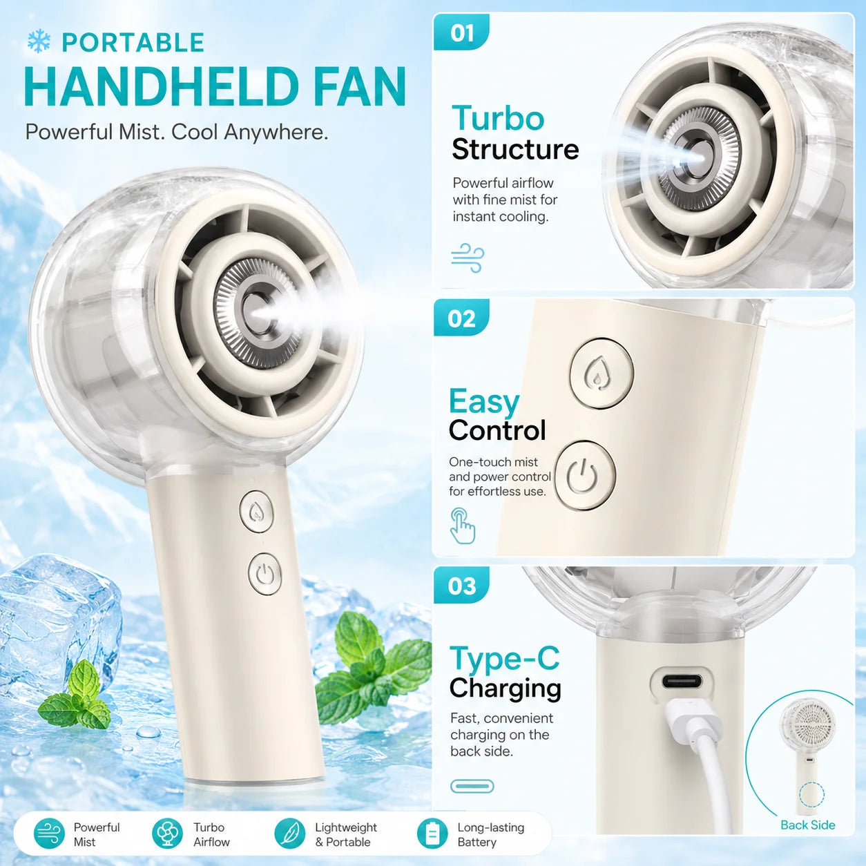 Portable Misting Handheld Fan 6000mAh Rechargeable Battery
