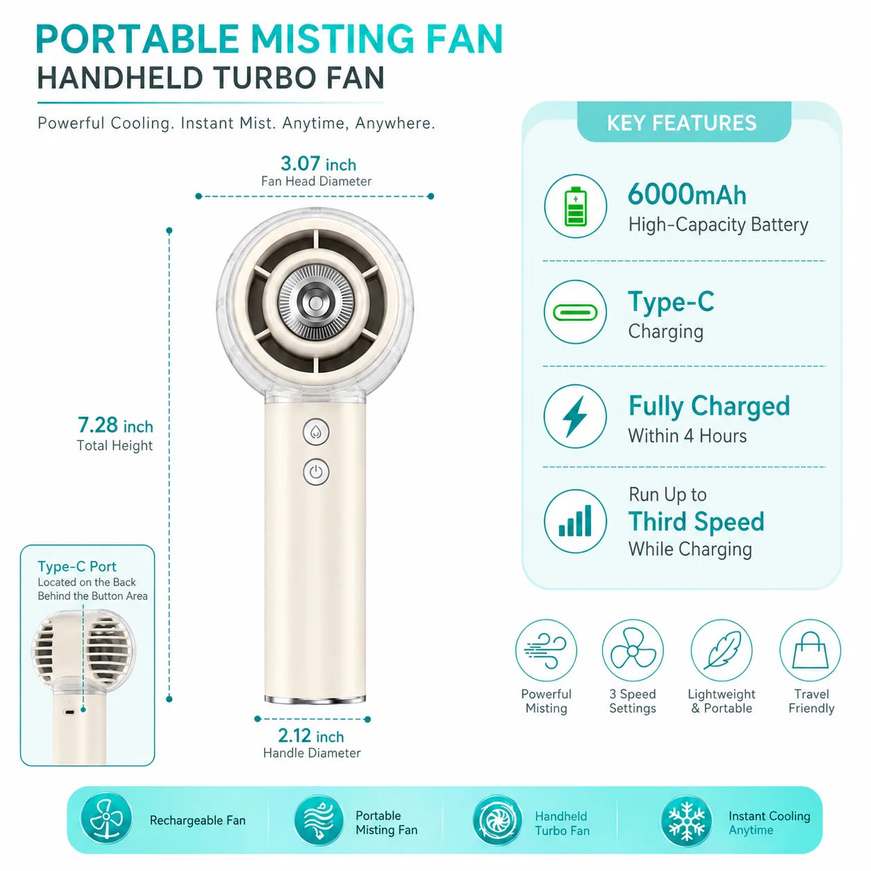 Portable Misting Handheld Fan 6000mAh Rechargeable Battery