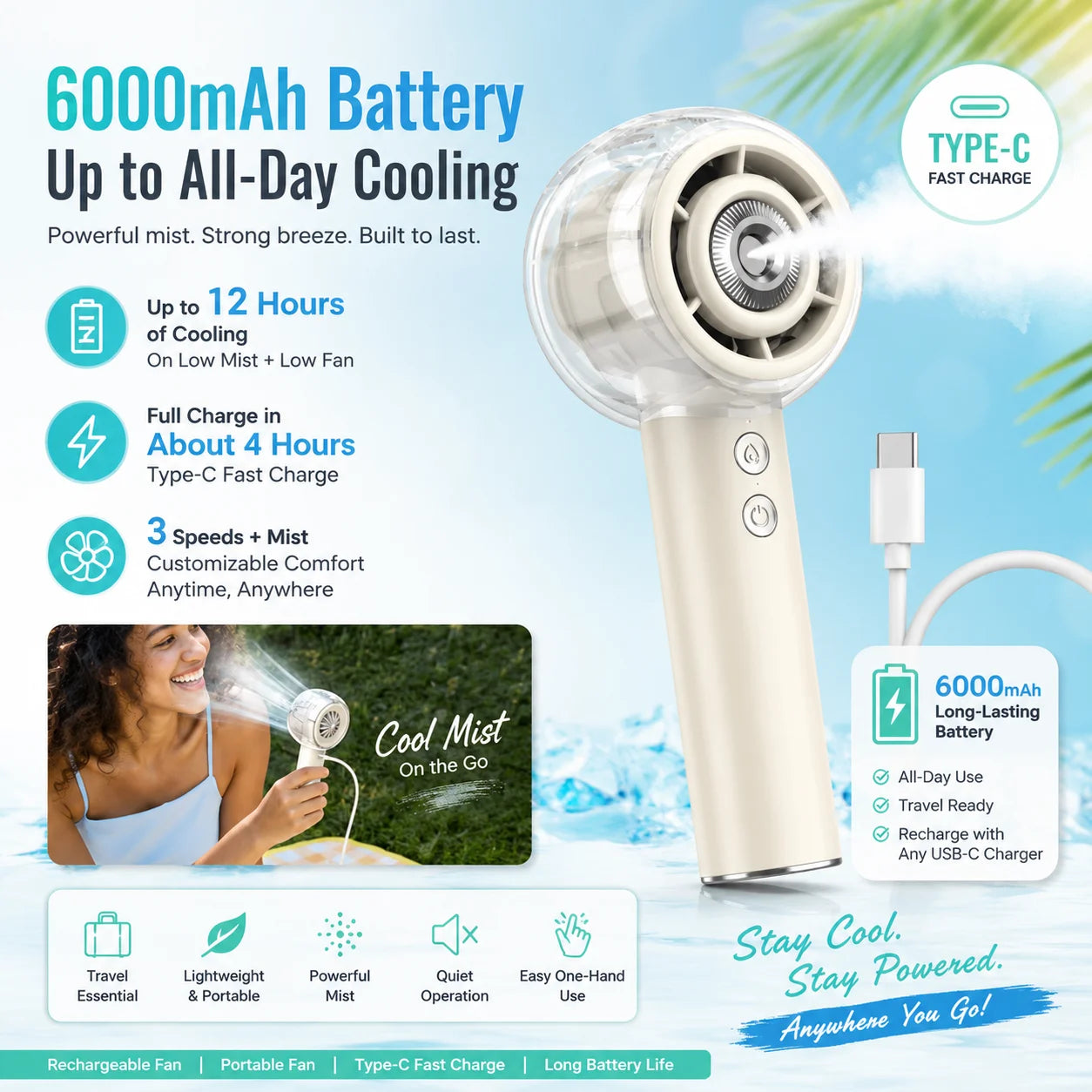 Portable Misting Handheld Fan 6000mAh Rechargeable Battery