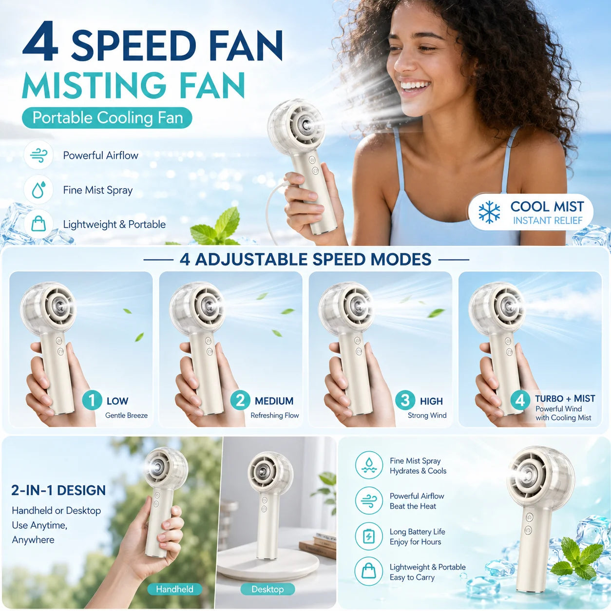 Portable Misting Handheld Fan 6000mAh Rechargeable Battery