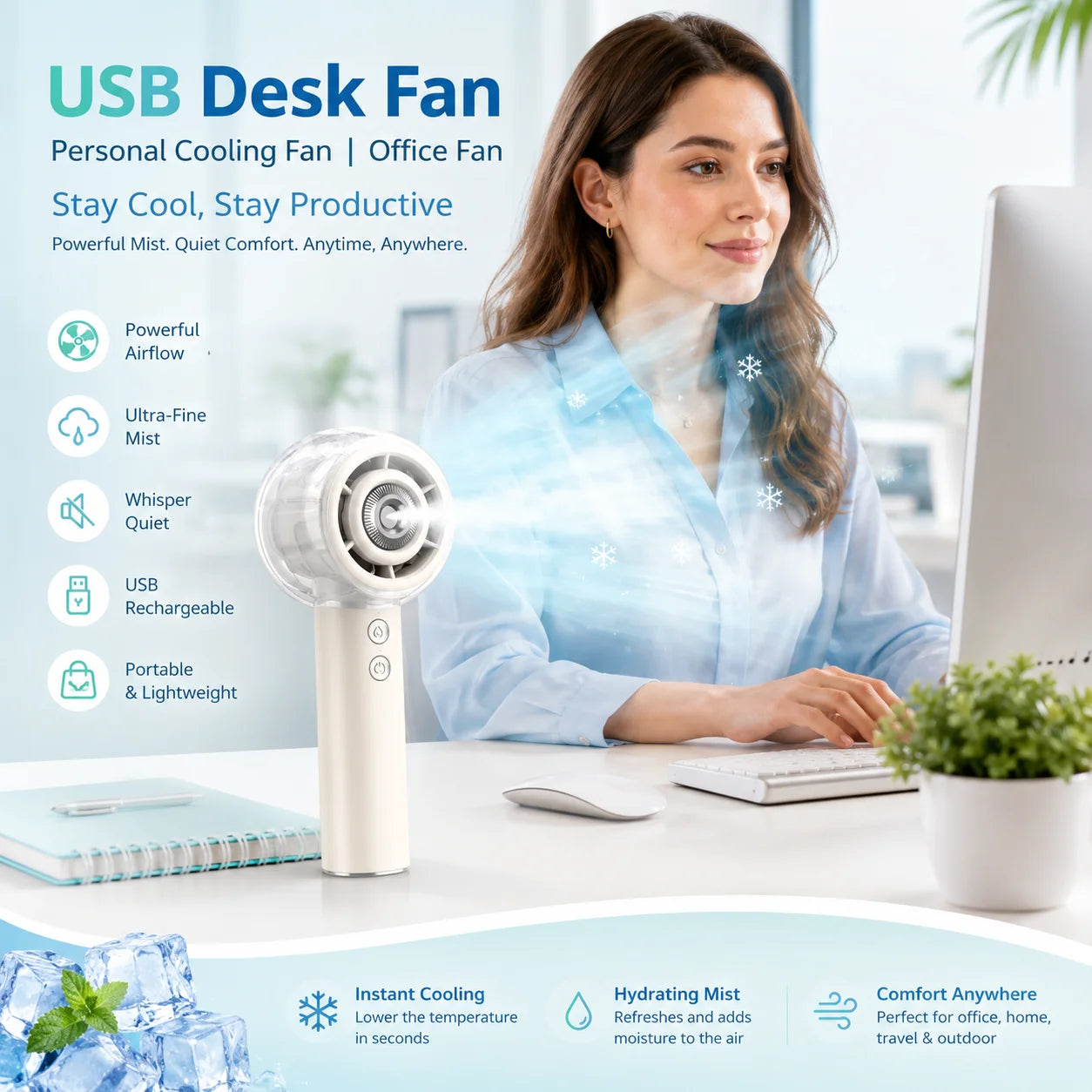 Portable Misting Handheld Fan 6000mAh Rechargeable Battery