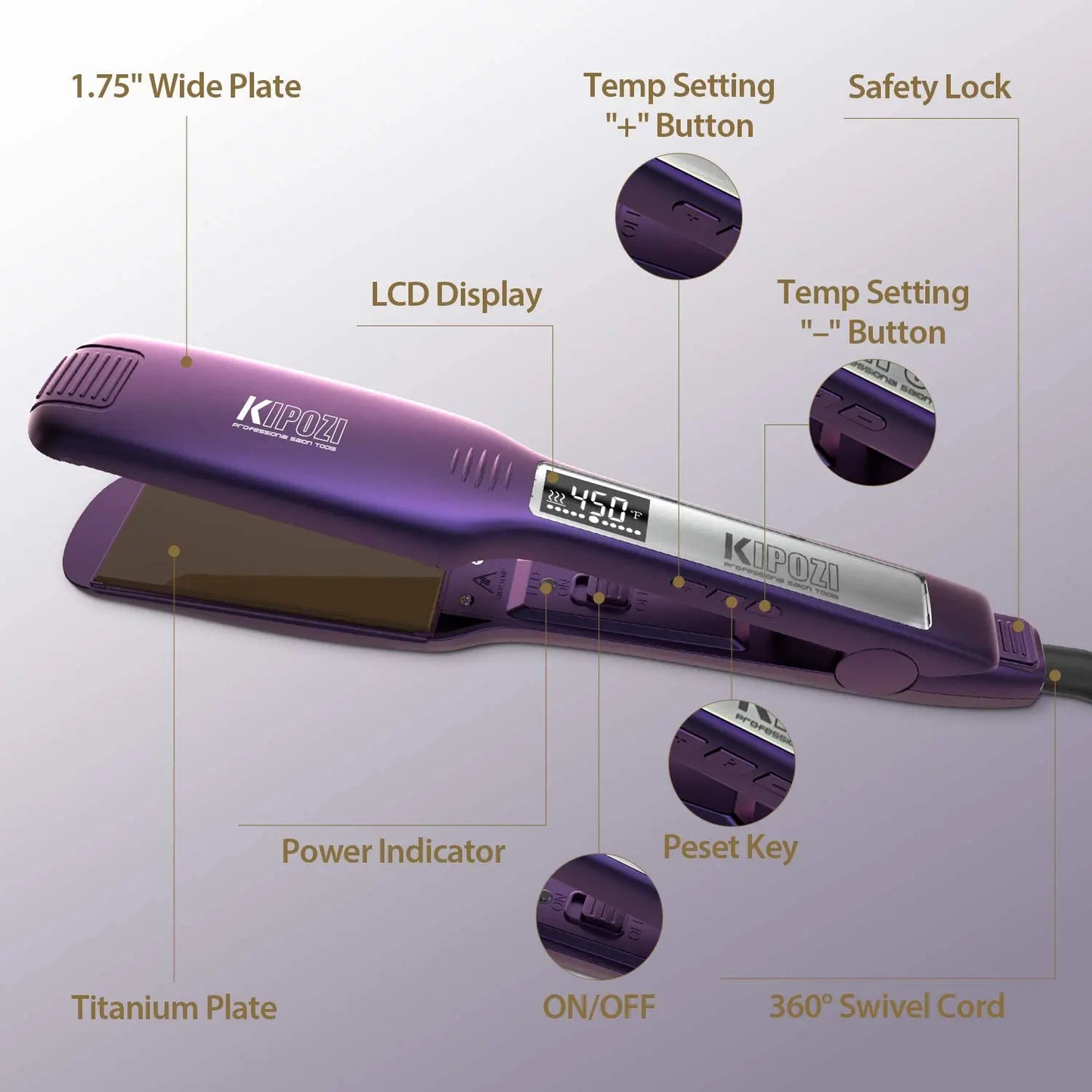 KIPOZI Titanium Flat Iron With Digital LCD Display Dual Voltage