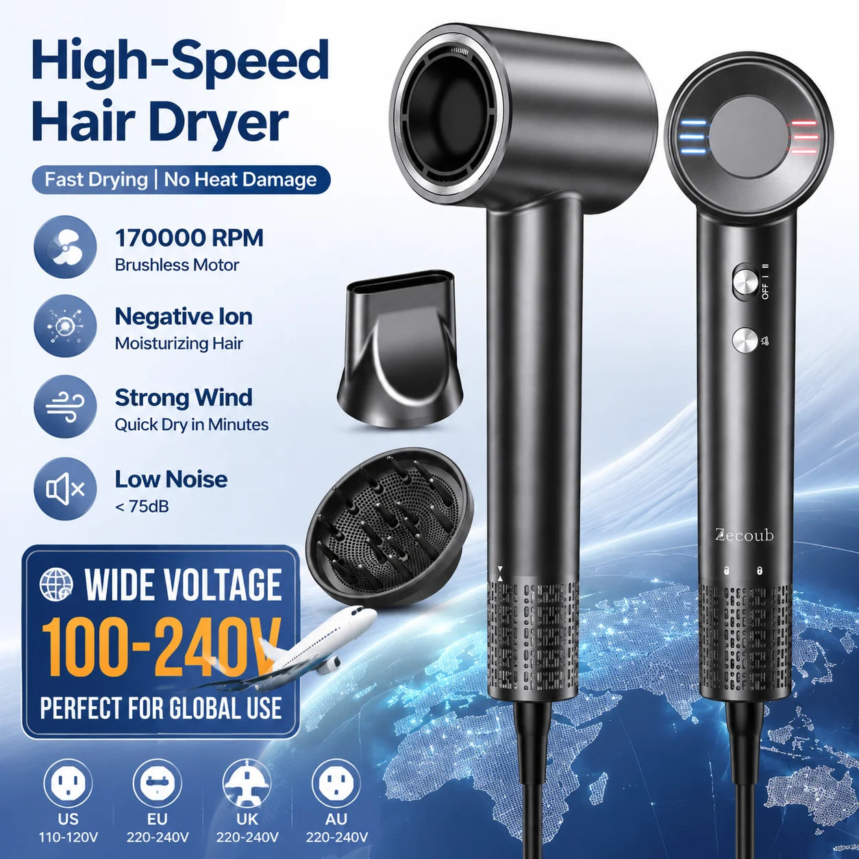 LYSMOSKI Dual Voltage Travel Hair Dryer With Ionic Diffuser