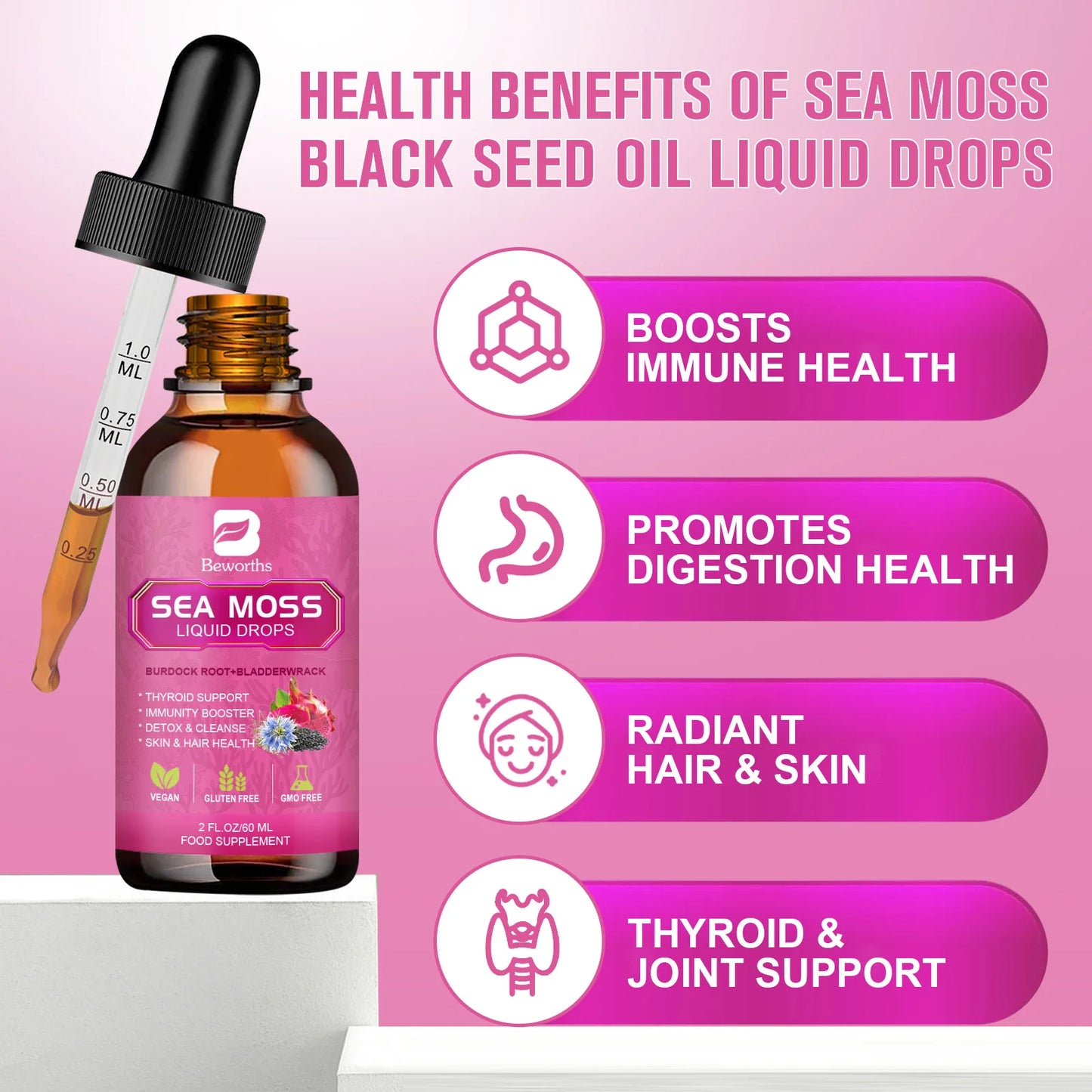 Beworths Seamoss Liquid Drops Organic Black Seed Oil Burdock Root