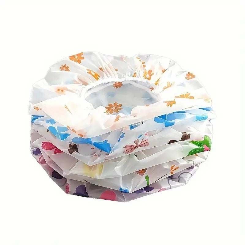 Set Of Four Adjustable Printed Shower Caps Waterproof Elastic Band