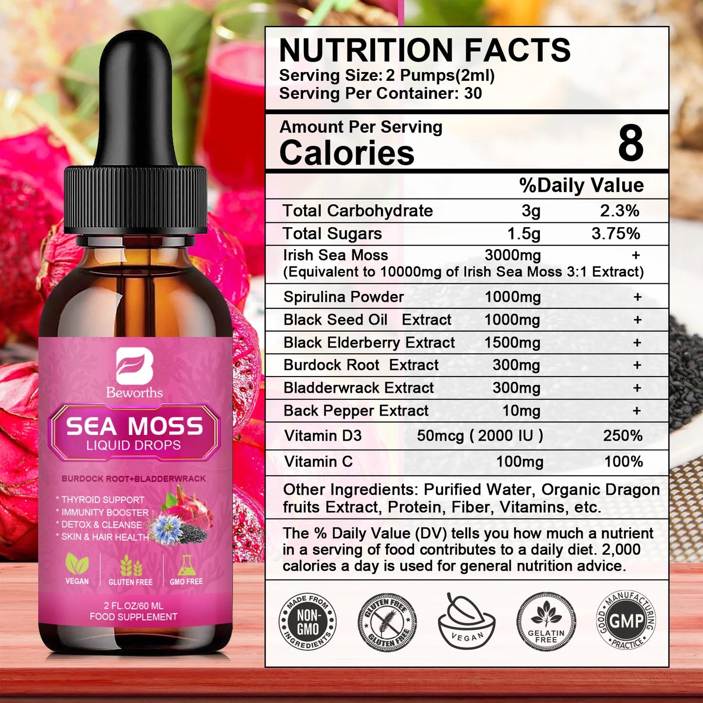 Beworths Seamoss Liquid Drops Organic Black Seed Oil Burdock Root