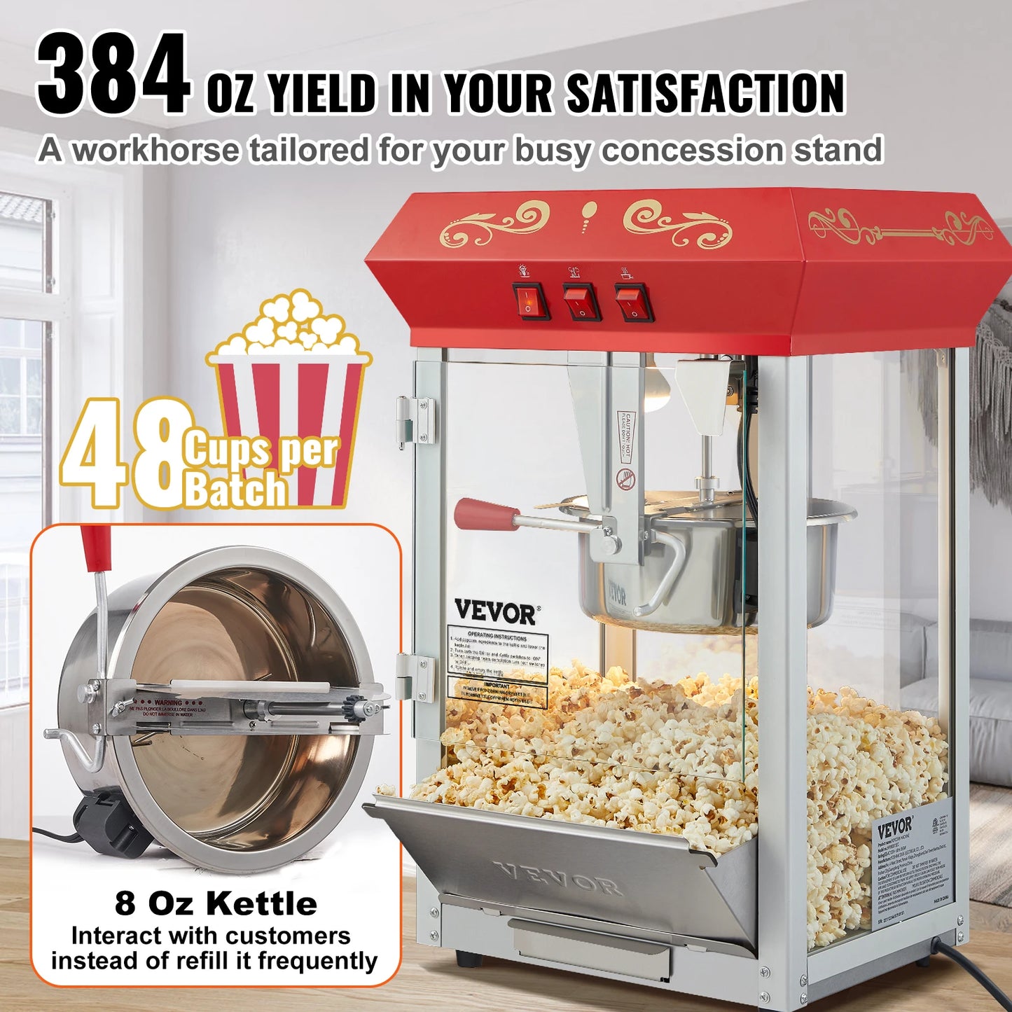 SucceBuy Popcorn Maker Popper Machine With Tempered Glass Cover 48 Cups