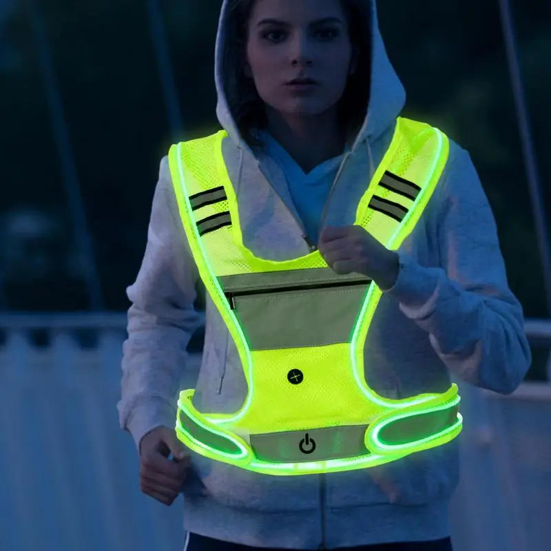 LED Reflective Running Vest 360 Degree Visibility USB Rechargeable Light