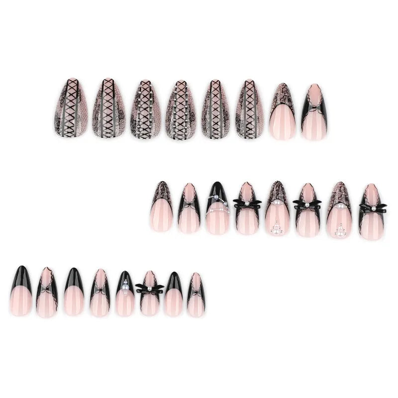 Almond Press On Nails Bat Decor Rivet Bow False Nails 24 Pcs Reusable Acrylic
