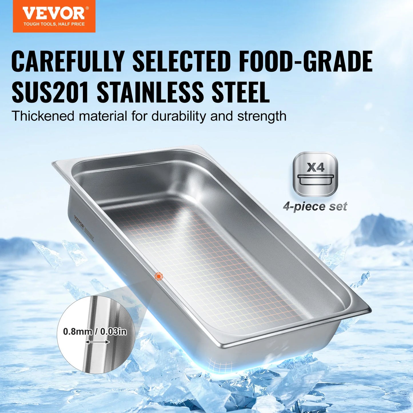 SucceBuy Stainless Steel Hotel Pans 4 Pack AntiJam Steam Pan