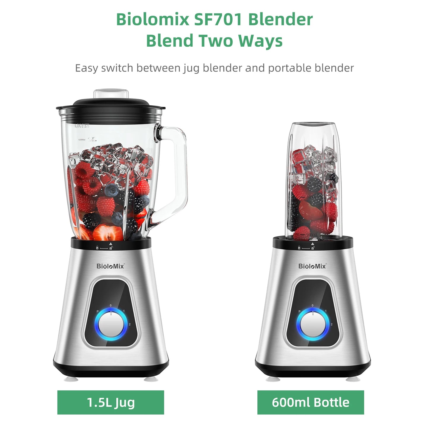 Biolomix 1300W Smoothie Maker With 1.5L Glass Jar Ice Crushing