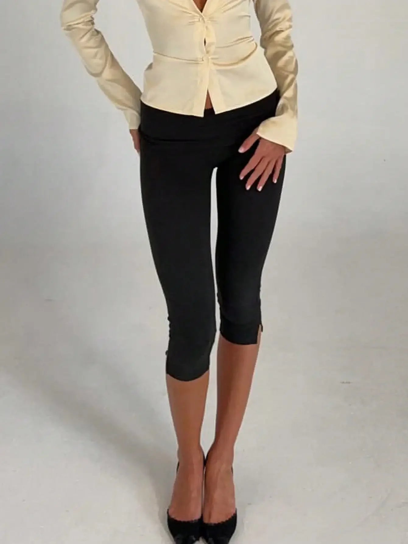 Women's Capri Leggings With Fold Over Waistband And Split Hem Buttery Soft