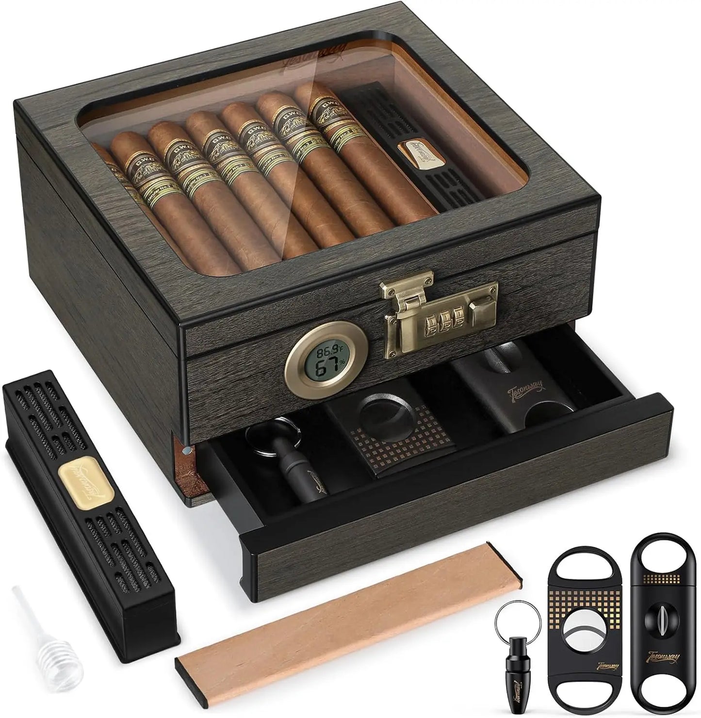 Tesonway Cigar Humidor Cedar Wood Box With Glass Top Hygrometer