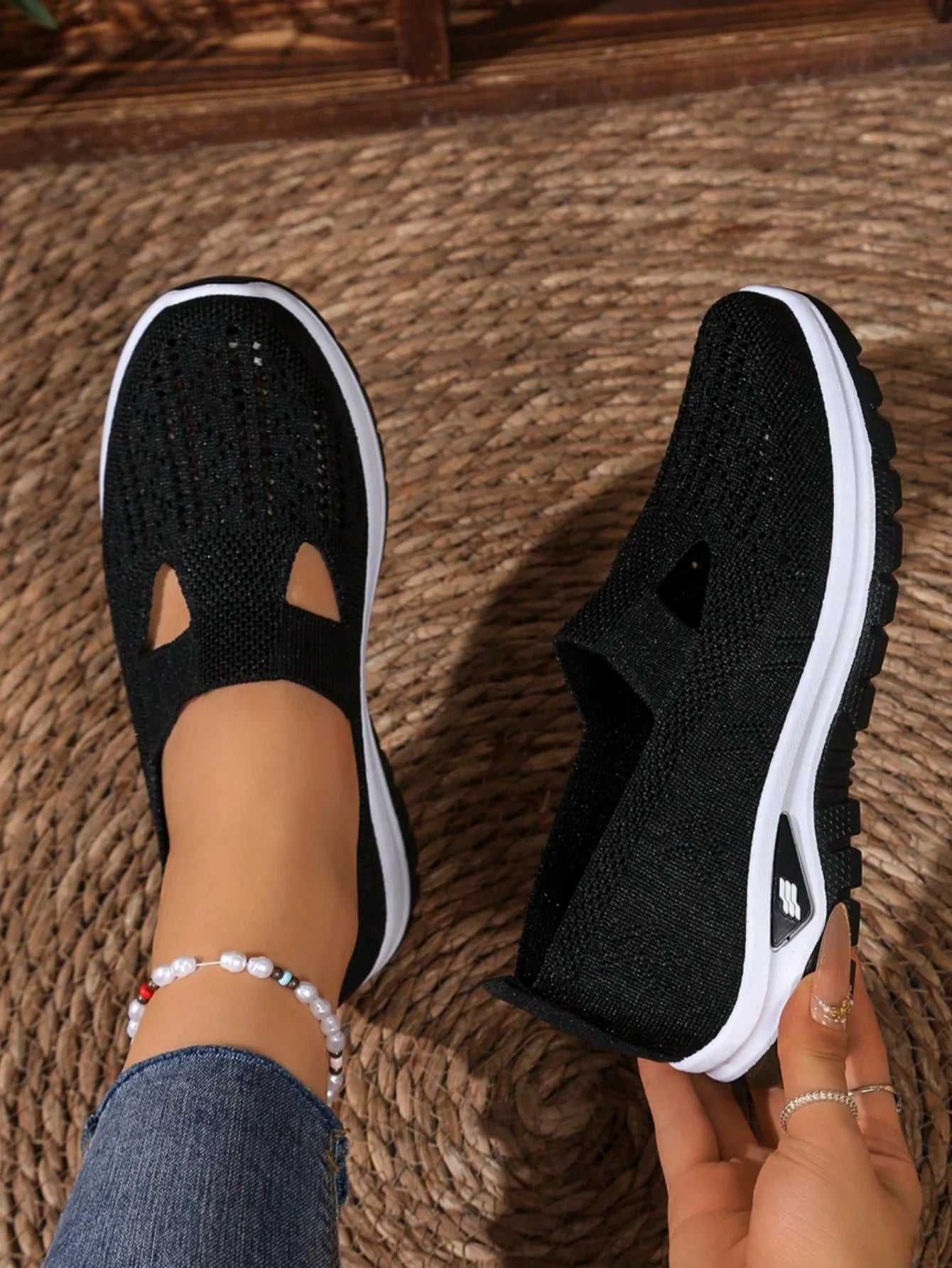 Women's Casual Mesh Sneakers Cutout T Strap Cushioned Wedge