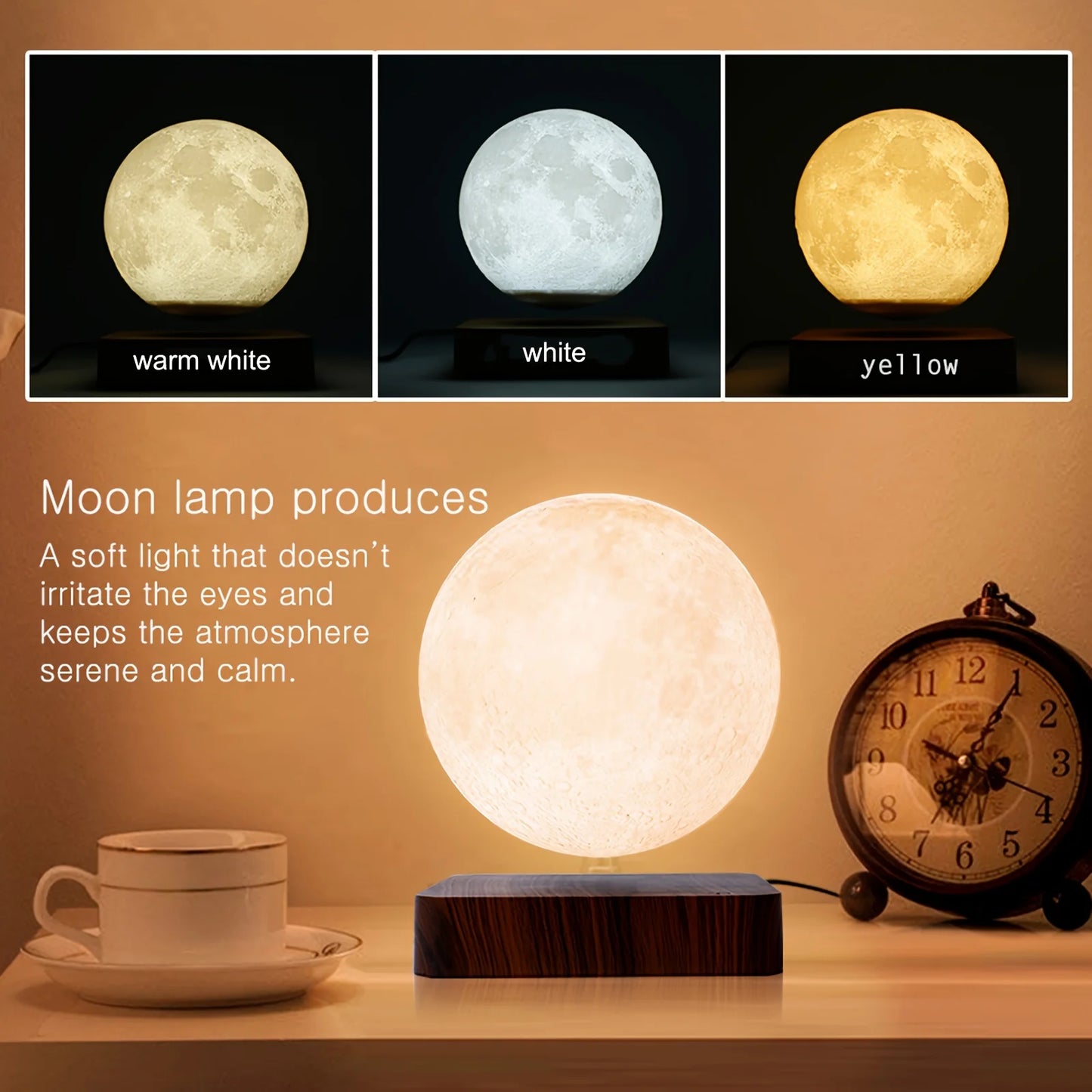 Mexllex Magnetic Floating Moon Lamp With Wooden Base 3 LED