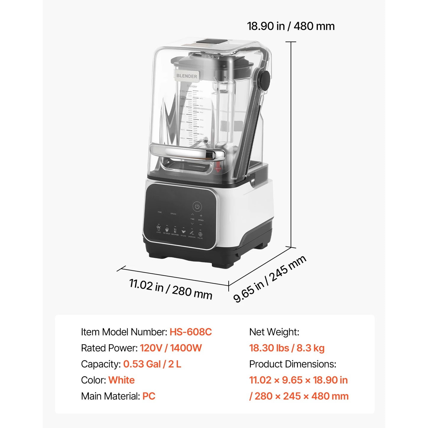 High Power Countertop Blender With Shield 26000 RPM Six Presets