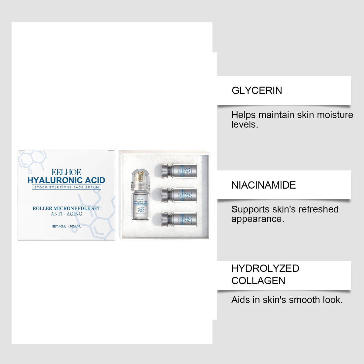 Eelhoe Hyaluronic Acid Facial Serum With Microneedle Roller Set