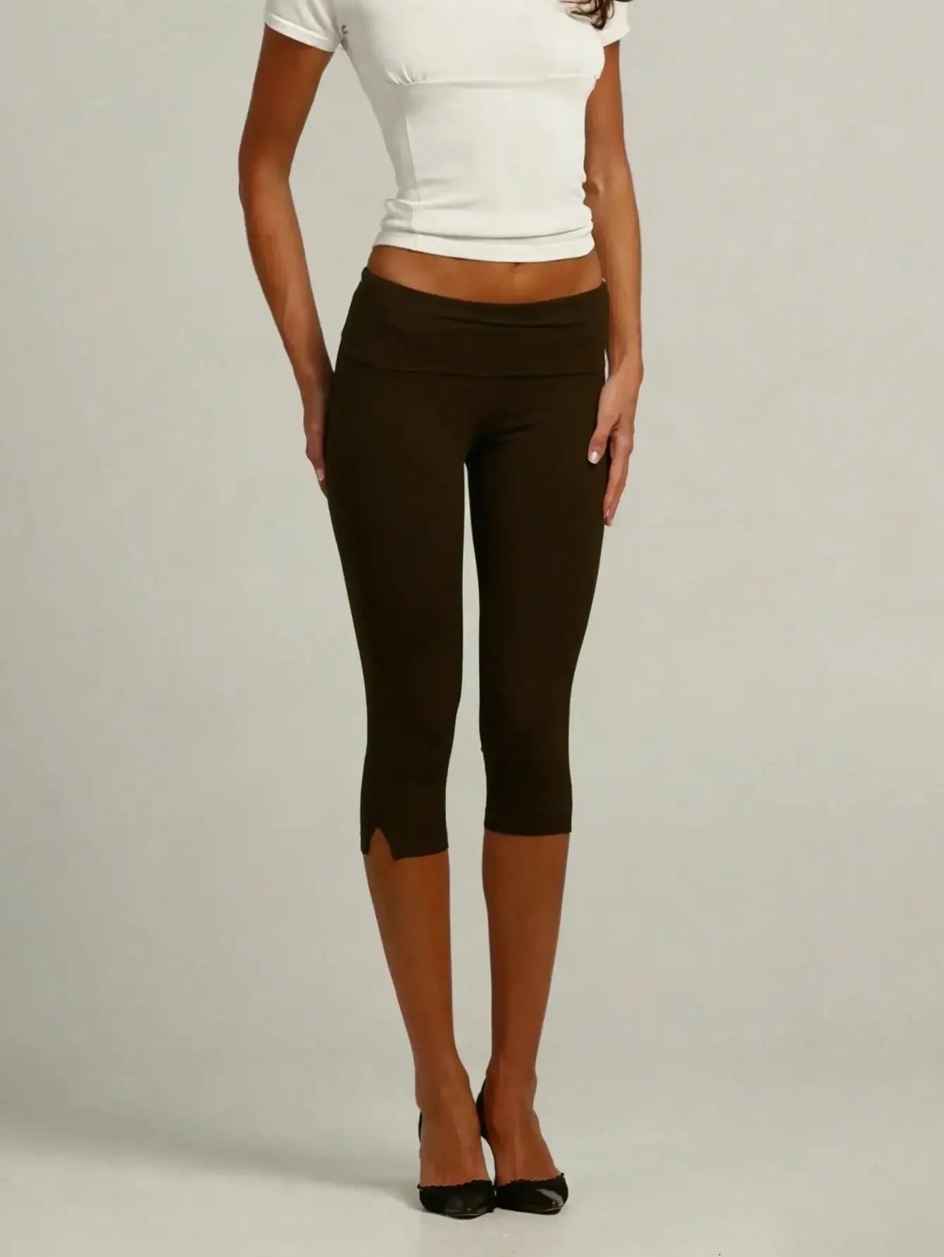 Women's Capri Leggings With Fold Over Waistband And Split Hem Buttery Soft