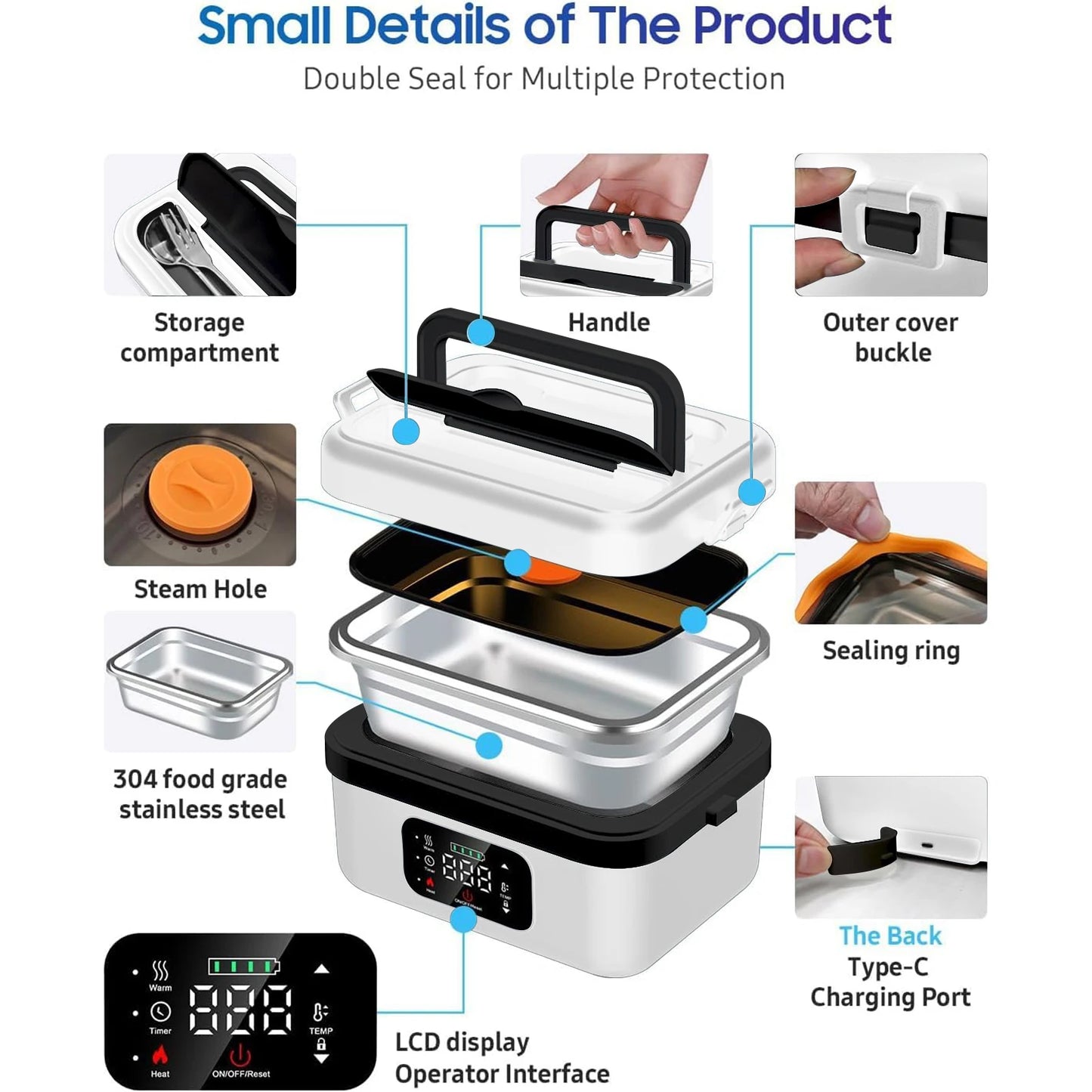 8000mAh Rechargeable Timer Heating Lunch Box With Fork And Spoon