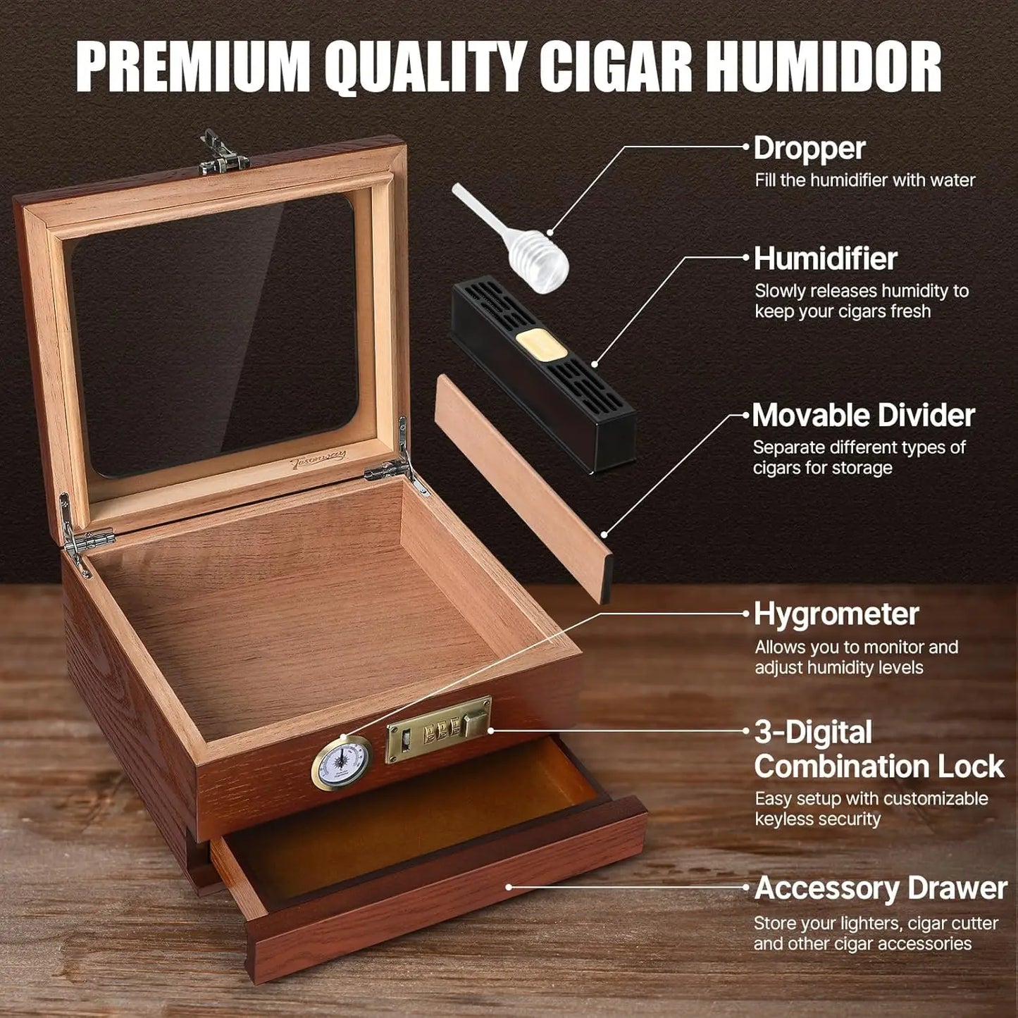 Tesonway Cigar Humidor Cedar Wood Box With Glass Top Hygrometer