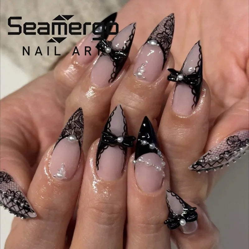 Almond Press On Nails Bat Decor Rivet Bow False Nails 24 Pcs Reusable Acrylic