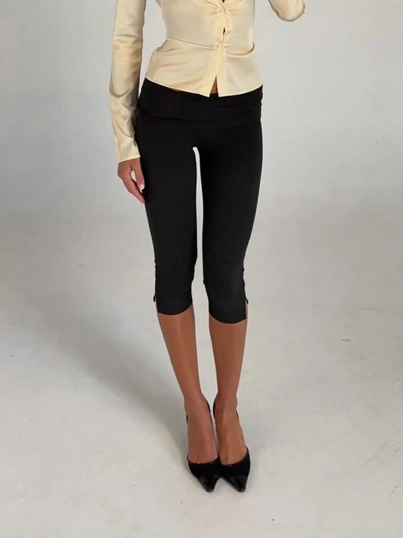 Women's Capri Leggings With Fold Over Waistband And Split Hem Buttery Soft
