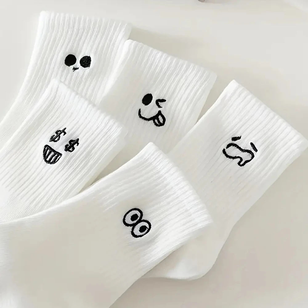 Five Pairs Emoji Socks With Cartoon Patterns For Everyday Comfort