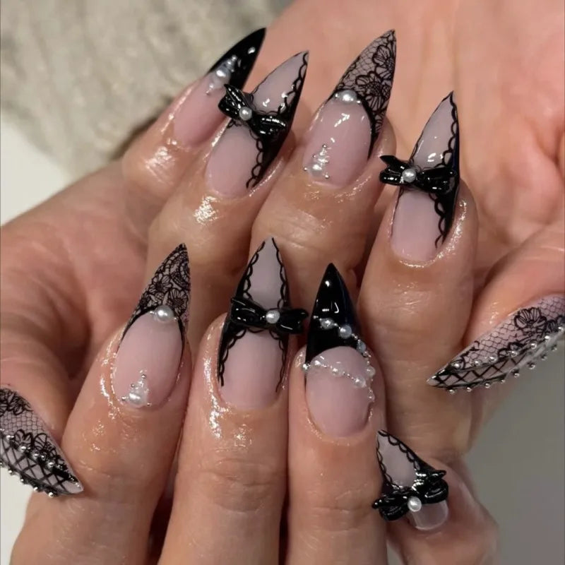 Almond Press On Nails Bat Decor Rivet Bow False Nails 24 Pcs Reusable Acrylic