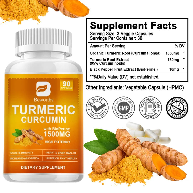 Beworths Turmeric Black Pepper Capsules For Joint Support Non GMO Gluten Free