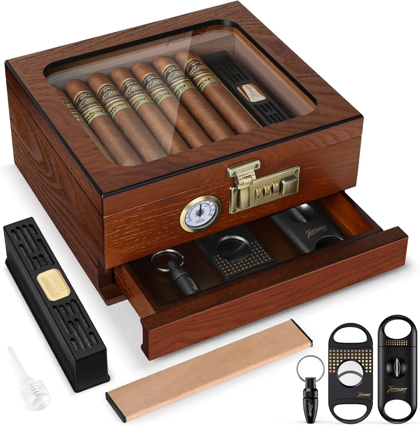 Tesonway Cigar Humidor Cedar Wood Box With Glass Top Hygrometer