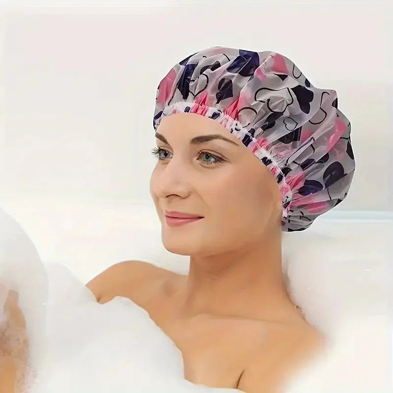 Set Of Four Adjustable Printed Shower Caps Waterproof Elastic Band