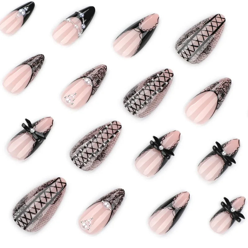 Almond Press On Nails Bat Decor Rivet Bow False Nails 24 Pcs Reusable Acrylic