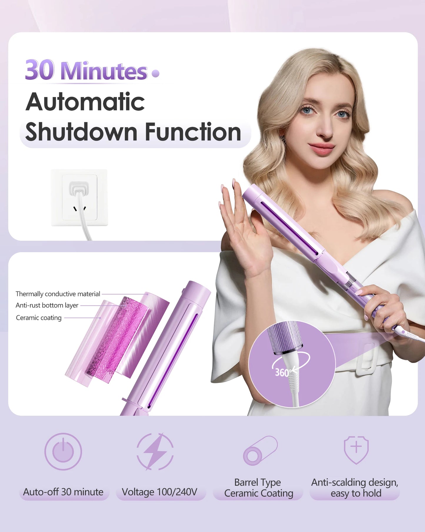 Novus Tourmaline Ceramic Ionic Curling Wand for Professional Hair