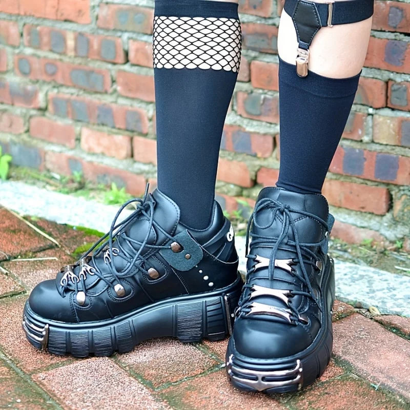 Women Thick Bottom Platform Sneakers With Metal Decoration Gothic Style