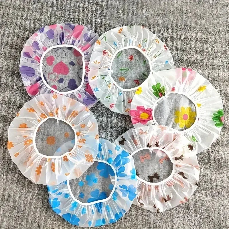 Set Of Four Adjustable Printed Shower Caps Waterproof Elastic Band