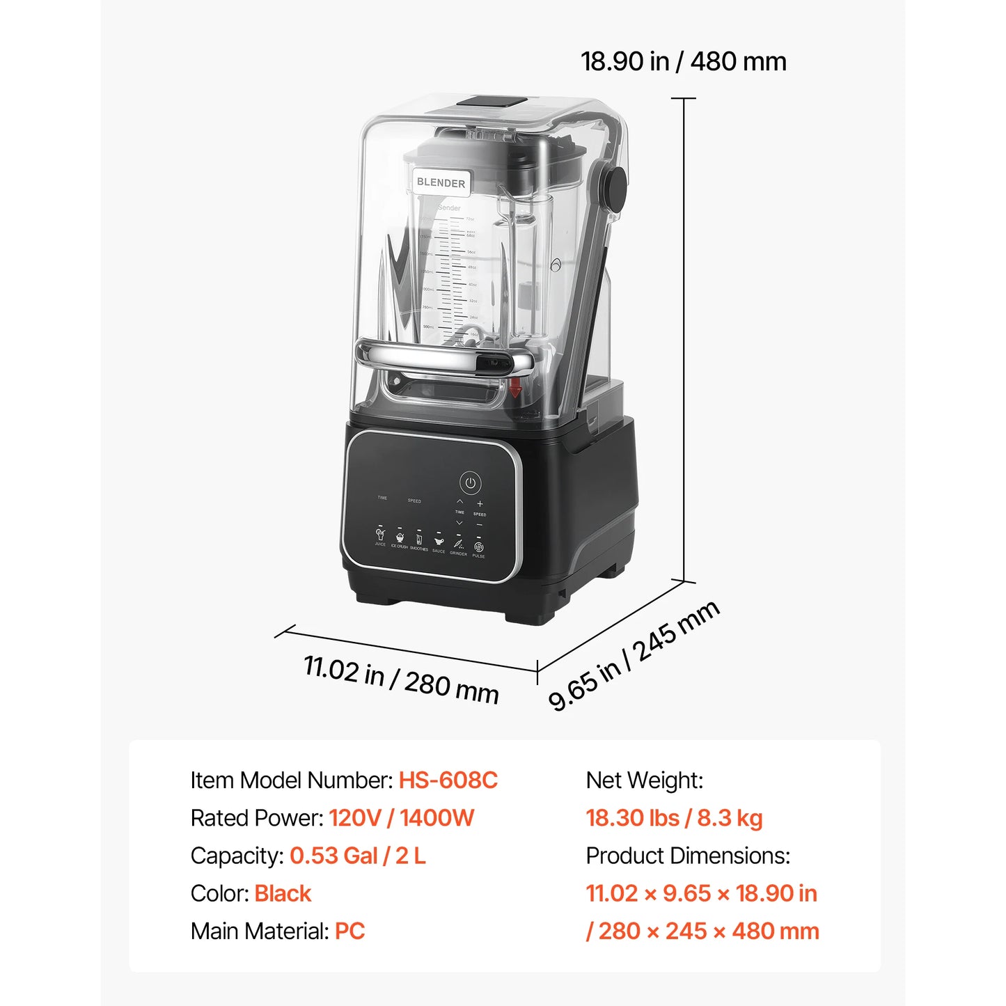 High Power Countertop Blender With Shield 26000 RPM Six Presets