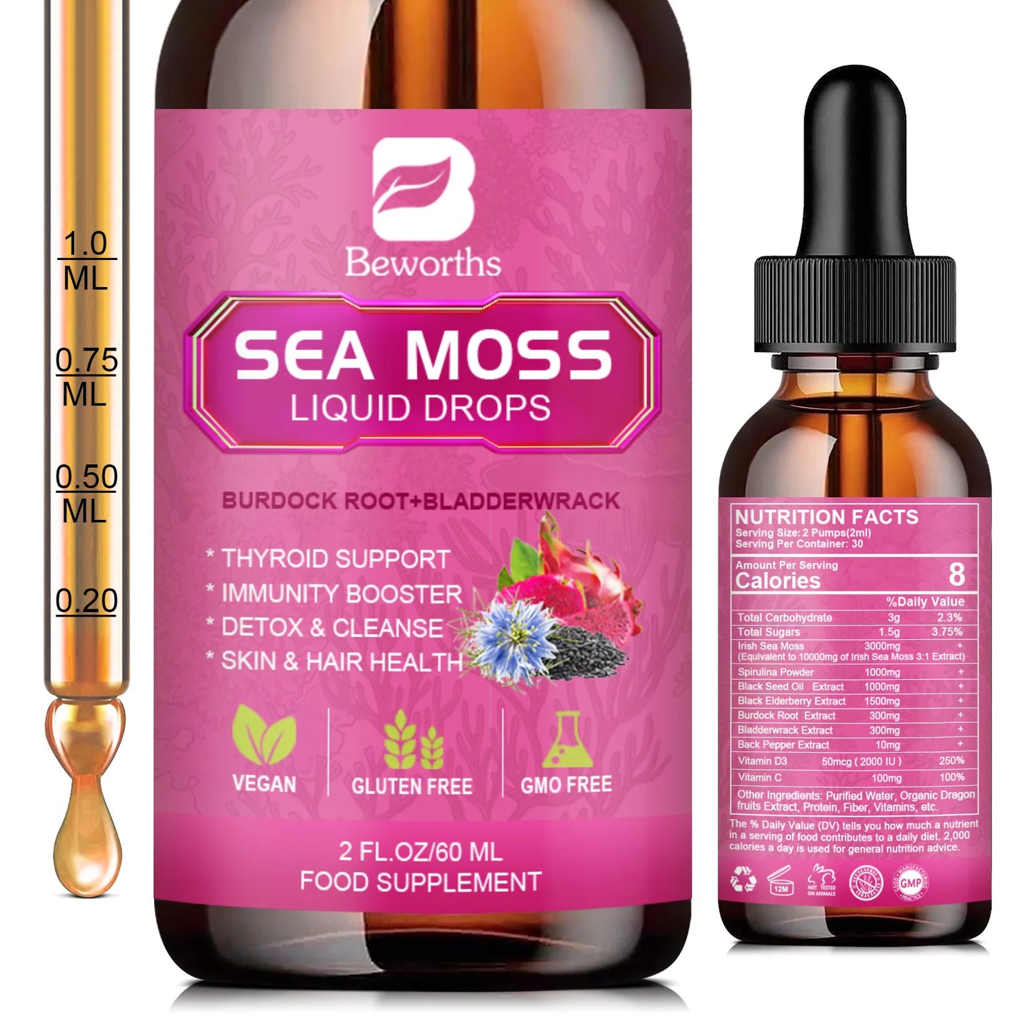 Beworths Seamoss Liquid Drops Organic Black Seed Oil Burdock Root