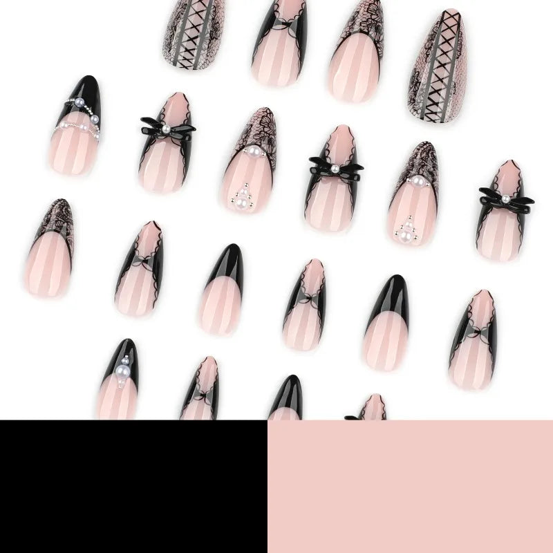 Almond Press On Nails Bat Decor Rivet Bow False Nails 24 Pcs Reusable Acrylic