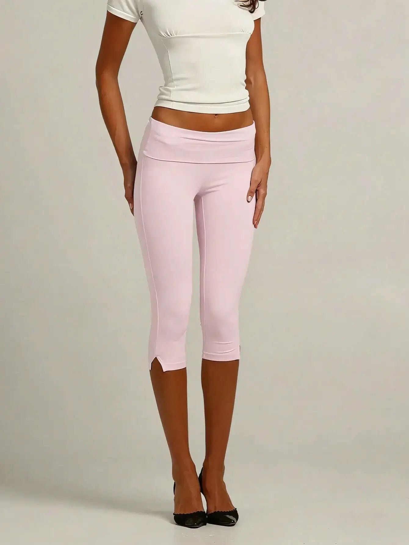 Women's Capri Leggings With Fold Over Waistband And Split Hem Buttery Soft