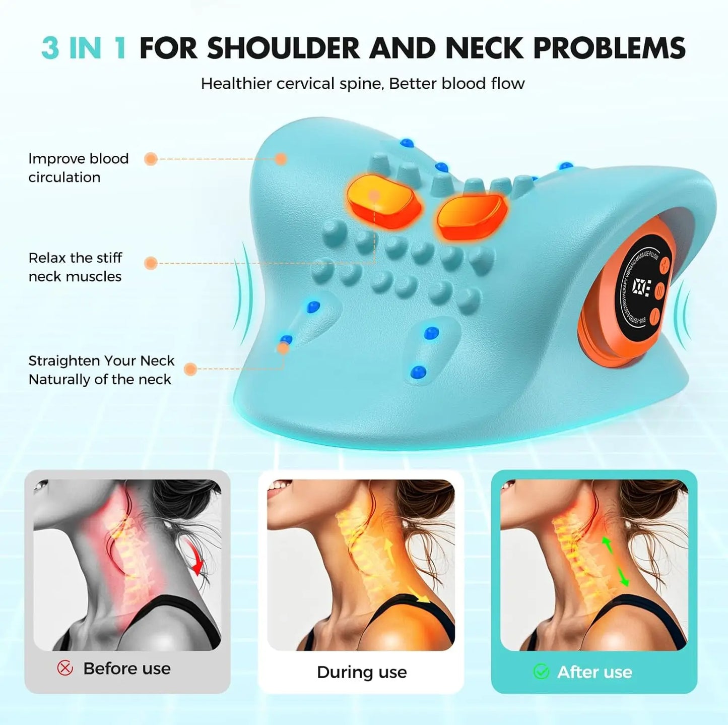 Rechargeable Portable Neck Massager Pillow With Shiatsu Heat Vibration Remote