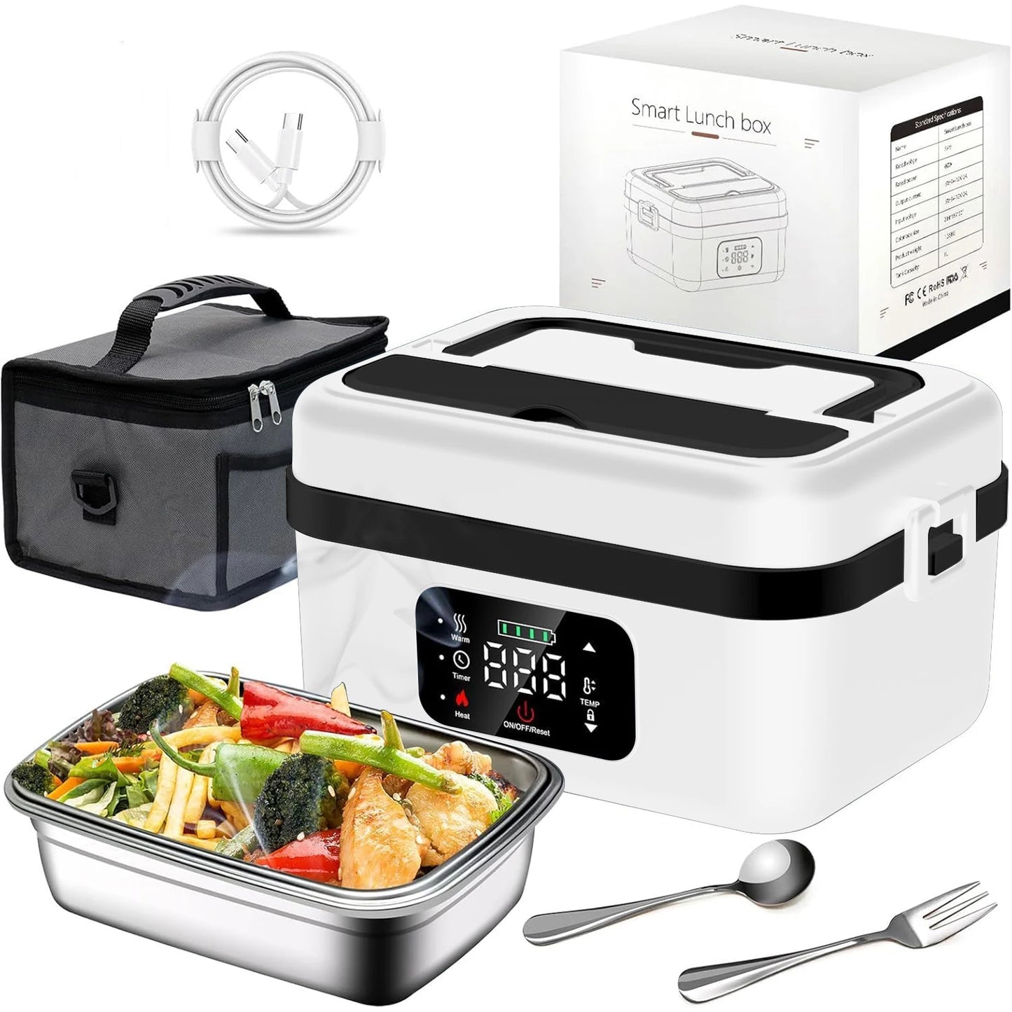 8000mAh Rechargeable Timer Heating Lunch Box With Fork And Spoon