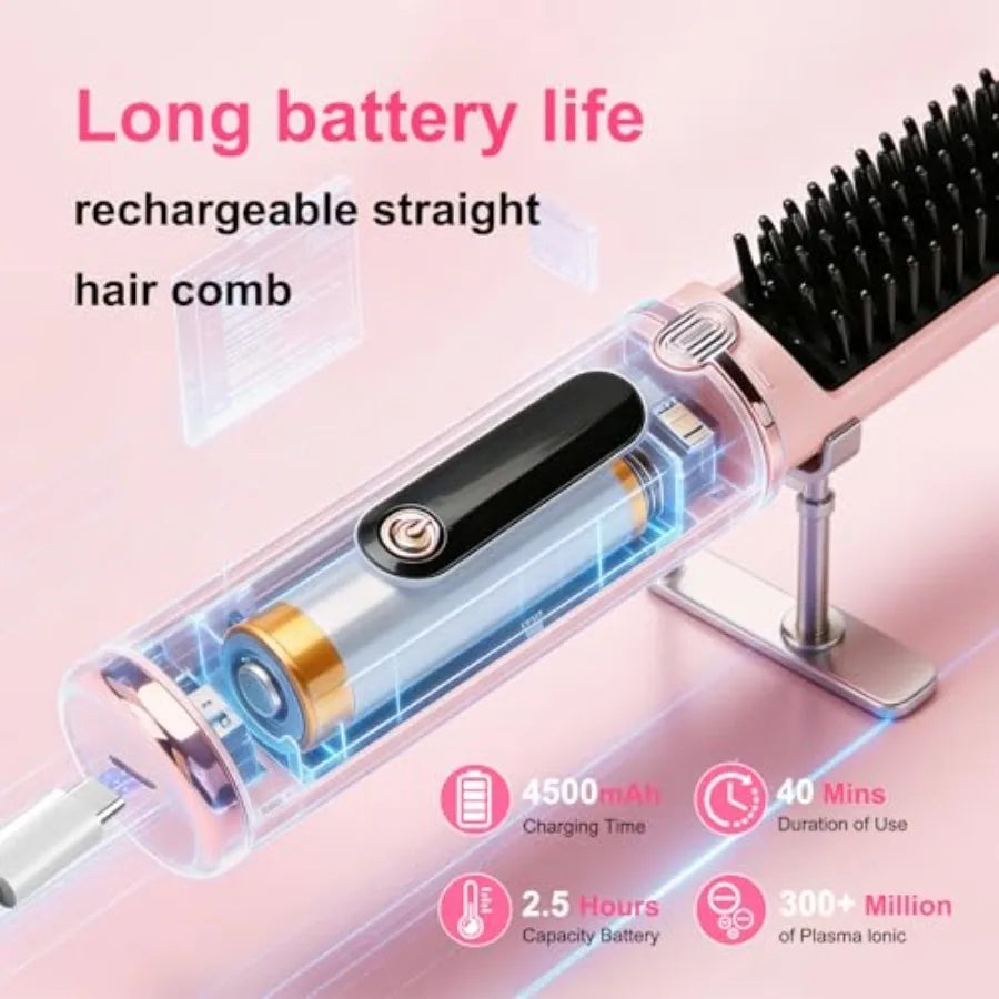 Cordless Hair Straightener Brush Rechargeable With Negative Ions And LED Display