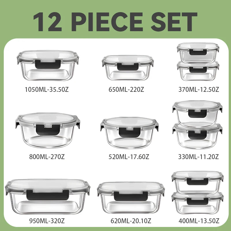 Glass Lunch Box Meal Prep Containers 12 Pieces Airtight Storage