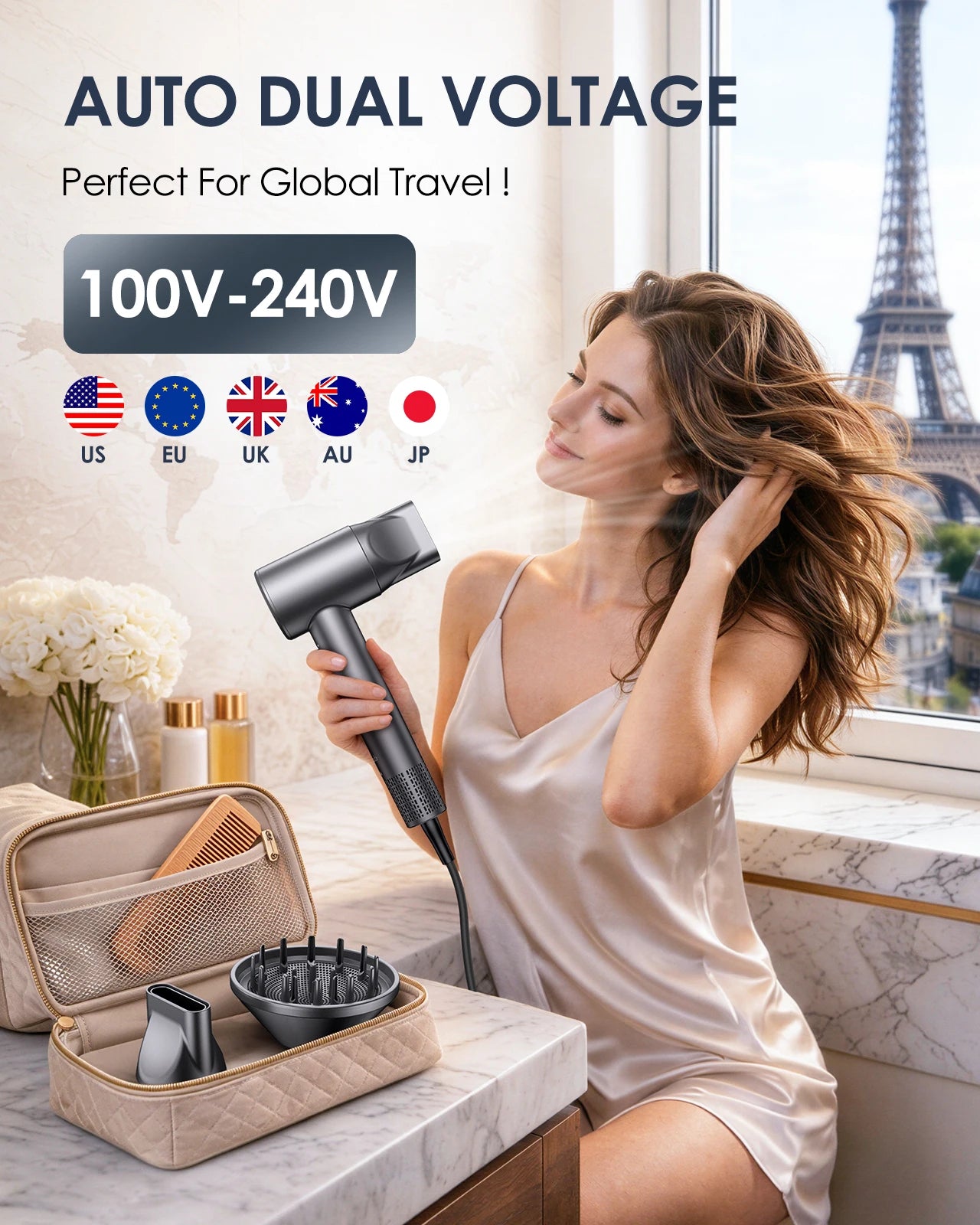 LYSMOSKI Dual Voltage Travel Hair Dryer With Ionic Diffuser