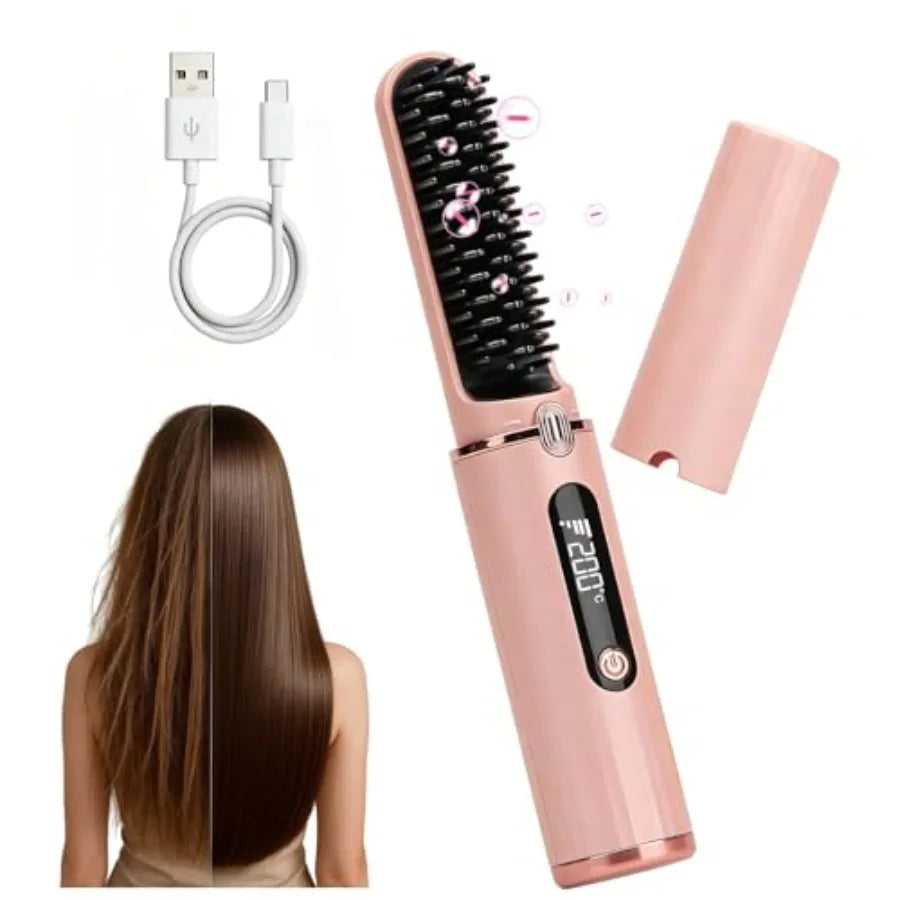 Cordless Hair Straightener Brush Rechargeable With Negative Ions And LED Display