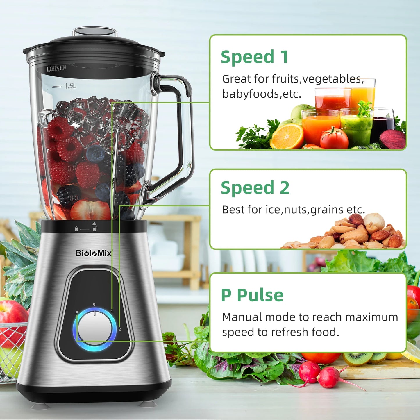 Biolomix 1300W Smoothie Maker With 1.5L Glass Jar Ice Crushing