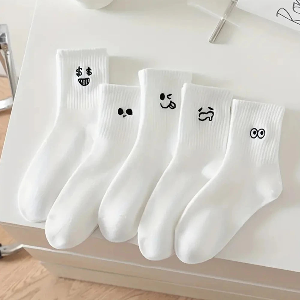 Five Pairs Emoji Socks With Cartoon Patterns For Everyday Comfort